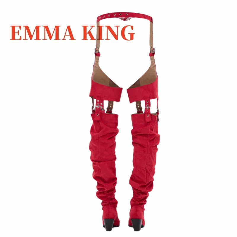 الأحمر فو الجلد المدبوغ الغربية Chap التمهيد أشار تو إسفين كعب الفخذ عالية Bootie موضة الأحذية النسائية المنصة الشتاء راعية البقر الأحذية