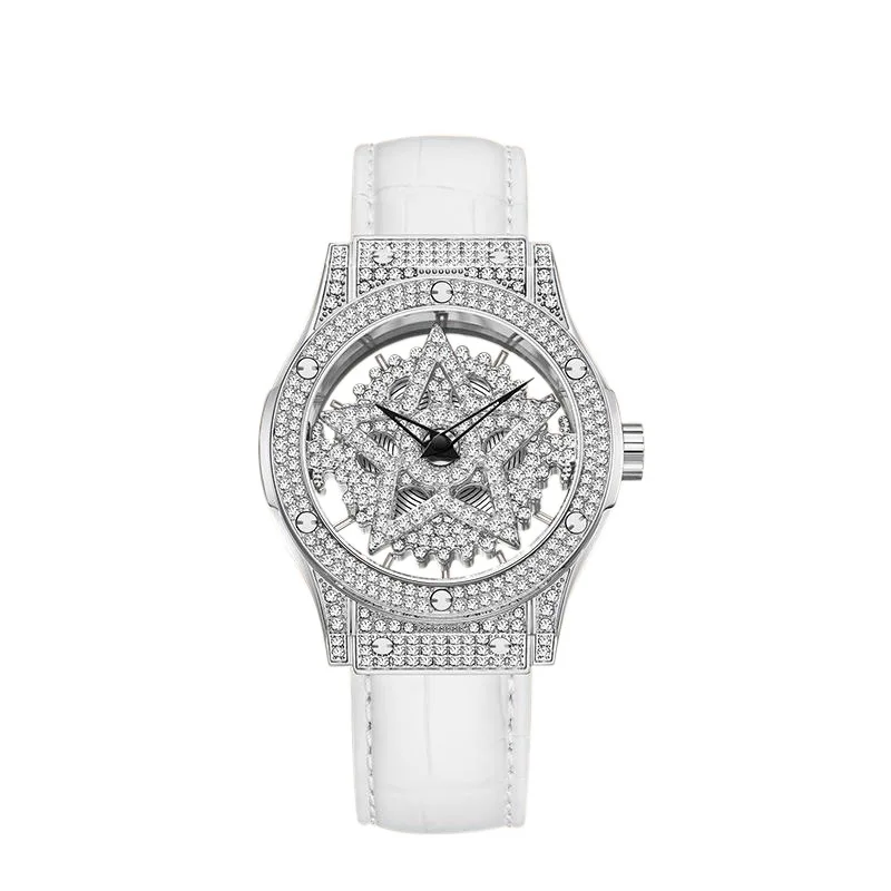 Часы для женщин, легкий роскошный кожаный ремешок, вращающаяся на 360° звезда, снежинка, полые бриллианты, женские часы