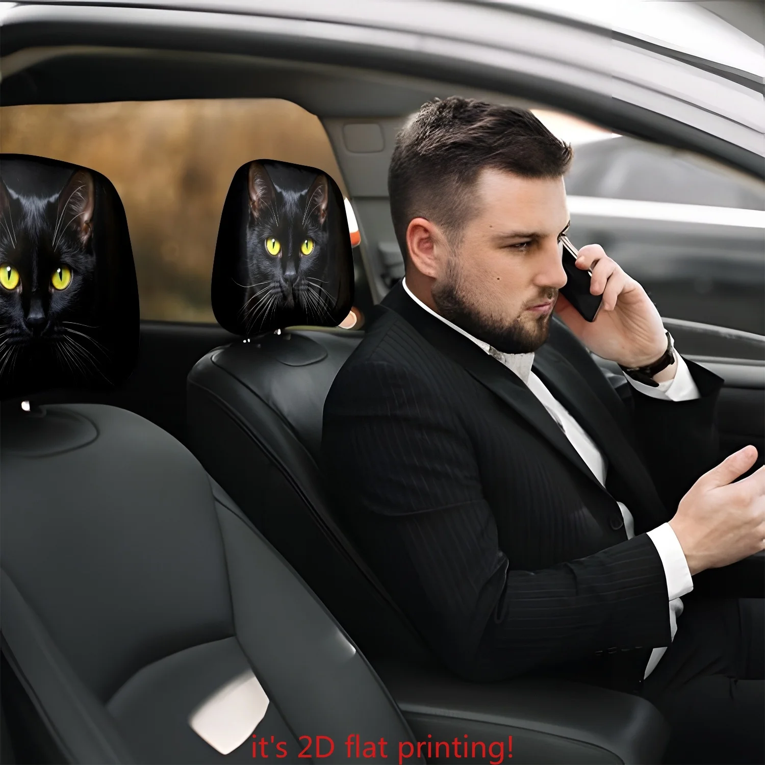 2Pcs Black Cat Glow Printed Headrest Cover Polyester Cool Car Seat Head Protector Washable Auto Decoration All Cars