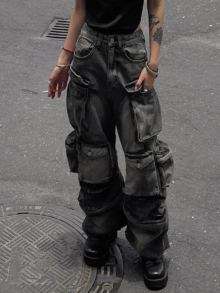

Y2K Goth Cyber Punk Denim Pants Women Baggy Cargo Pants Mom Jeans Grunge Dark Academia Harajuku Fashion Stacked Jeans Hip-pop