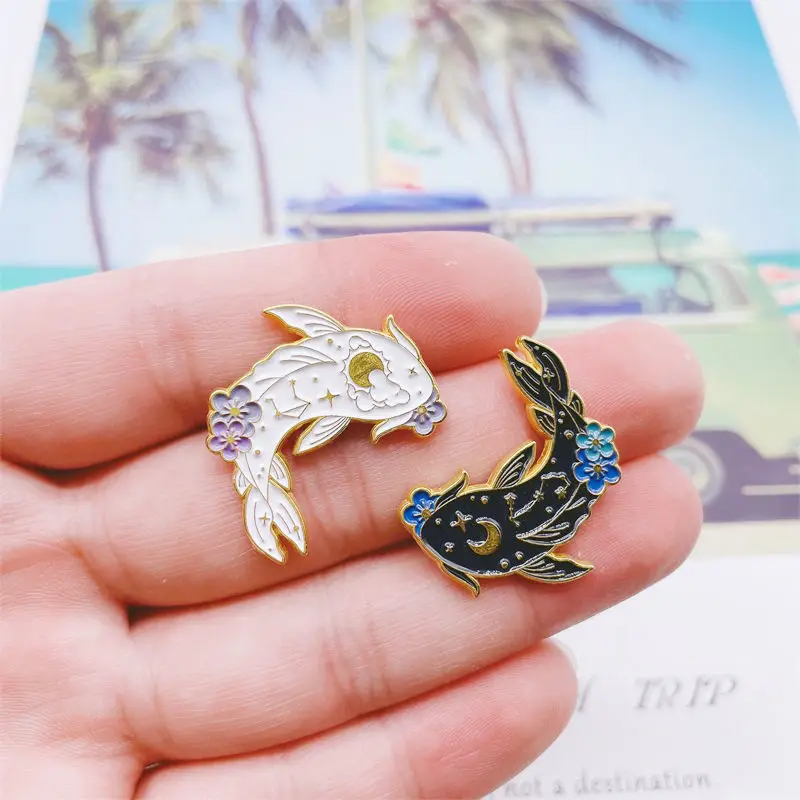 Celestial Koi Fish Enamel Pin Set, Yin Yang Style Black & White Koi Brooches, Floral Moon Star MetalBadges with GoldTrim,Jackets view 3