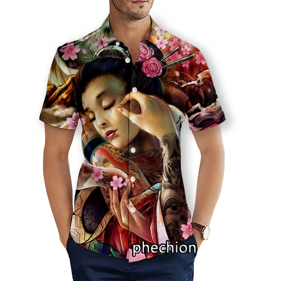 

phechion Summer Mens Short Sleeve Beach Shirts Japanese Geisha Samurai 3D Printed Casual Shirts Fashion Streetwear Men Tops X121