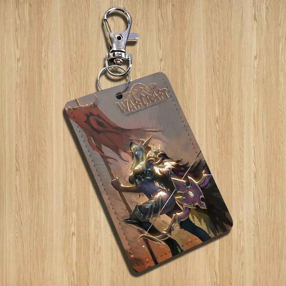 GAME W-World Of Warcraft-ES Rectangle ID Card Case Keychain Access Card Bag Key Tag Ring Leather Card Holder Key Ring Access