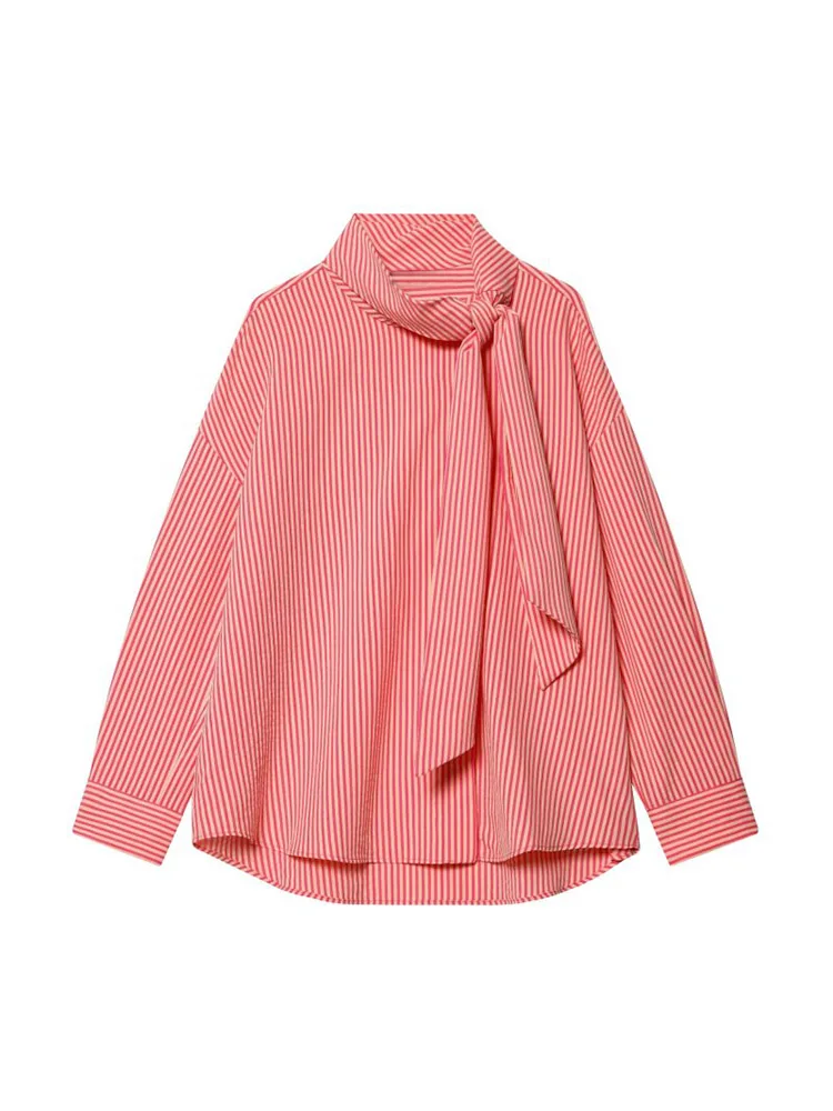 

2026 Women Summer Shirts Blouses Tops Fashion Striped Scarf collar Loose Female Elegant Street Top Clothing