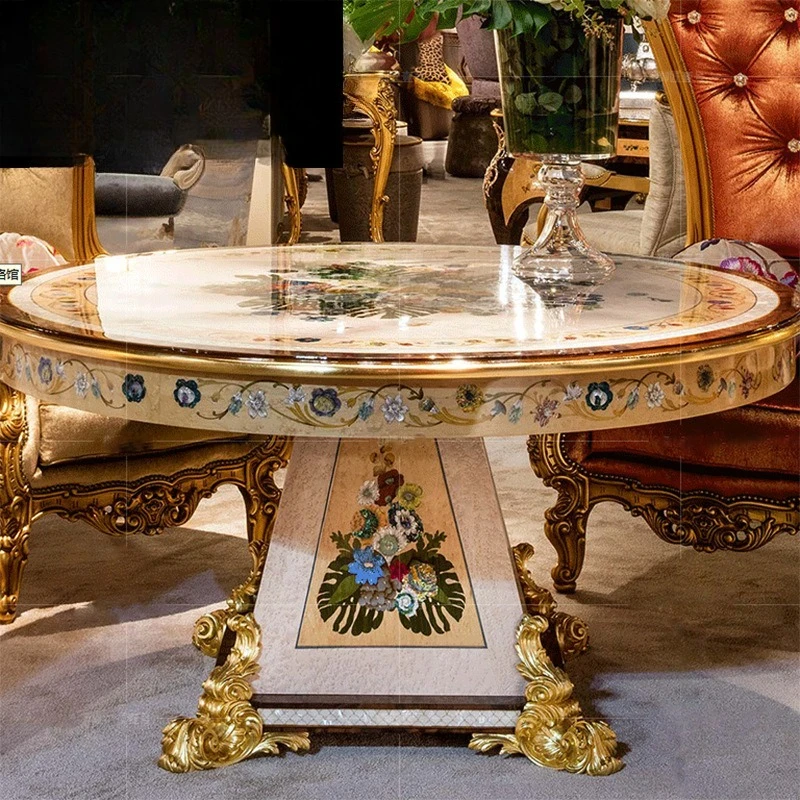 French court veneer shell inlaid dining table and chair combination