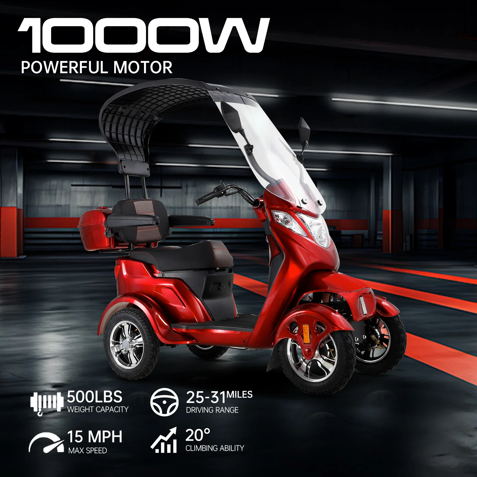

BULL Mobility Scooter 1000W 4 Wheels Heavy Duty Electric Mobility Scooter with Roof 60V 20Ah Lead Acid Battery 15MPH Max Speed 500LBS Capacity 25-31 Miles Range 3-Speed 20° Climbing Waterproof Lockable Rear Trunk Remote Control for Seniors Adults Outdoor