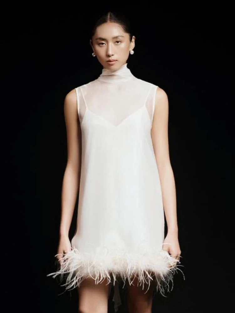 2025 Sexy Turtleneck Sleeveless Feathers Patchwork Mini Dress Women White Backless Lace-up Loose Dresses Elegant Evening Party