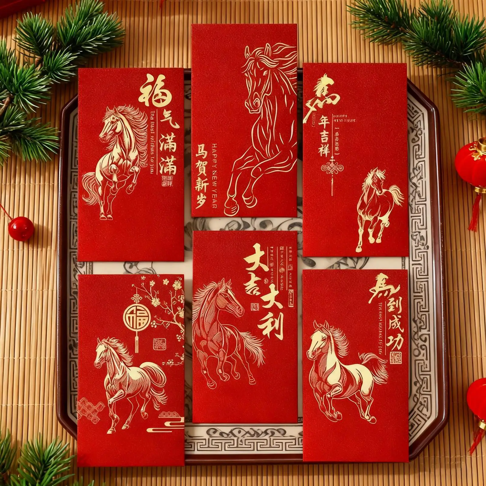 مظاريف حمراء للمال 6 قطع حزمة عملات على شكل حصان 2026 نمط سحابة ميمونة مغلفات حمراء للعام القمري الجديد للأولاد