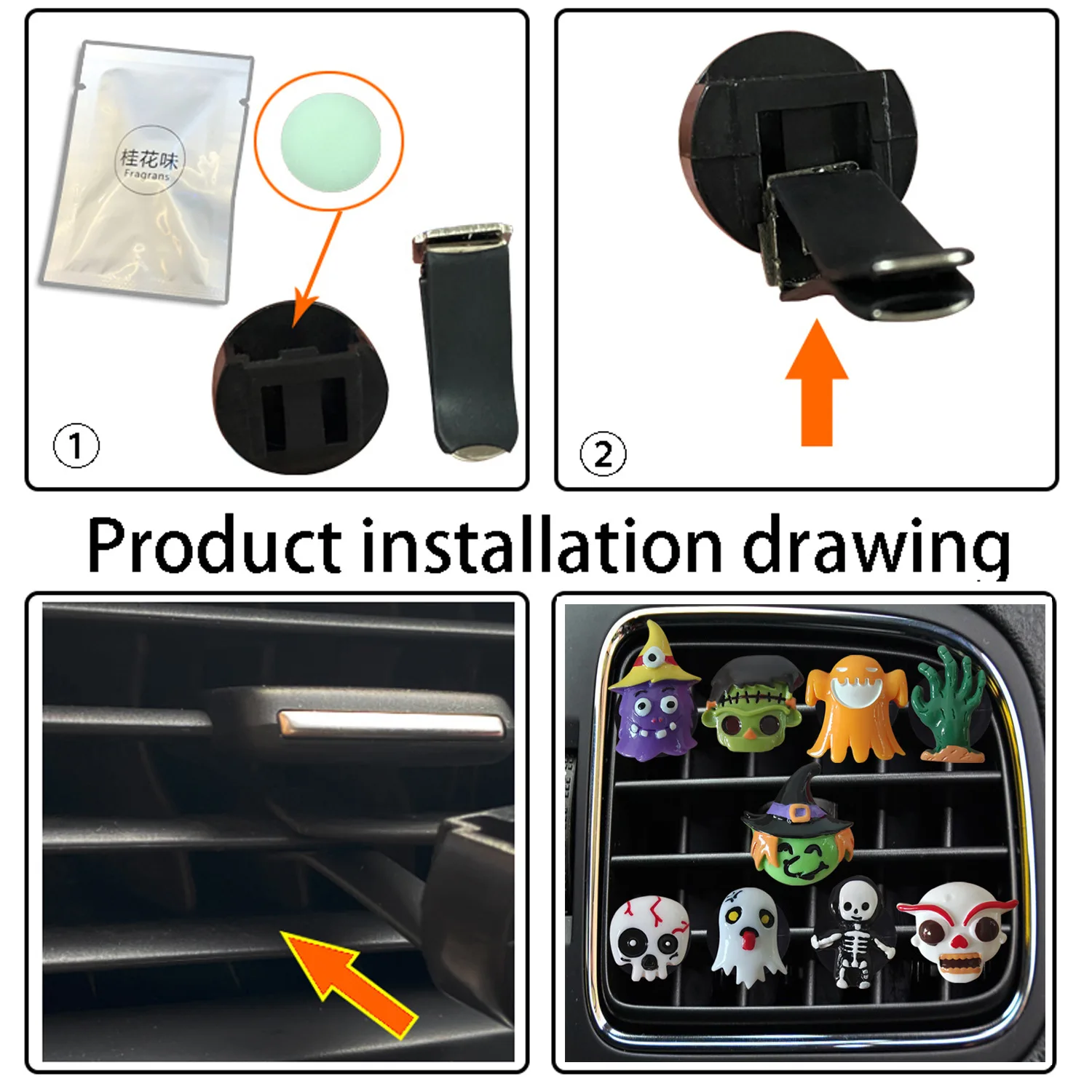9Pcs/Set Skull Auto Air Conditioner Outlet Decoration Skull Perfume Clip Air Freshener Car Tuyere Fragrance Car Ornament image 5