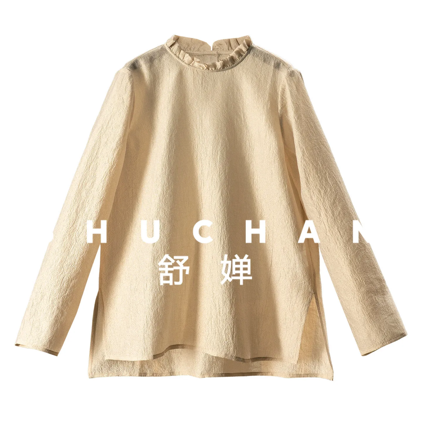 

French Designer Pleated Texture Fungus Edge Stand-up Collar Long-sleeved Shirt Women 71I4 Ladies Tops