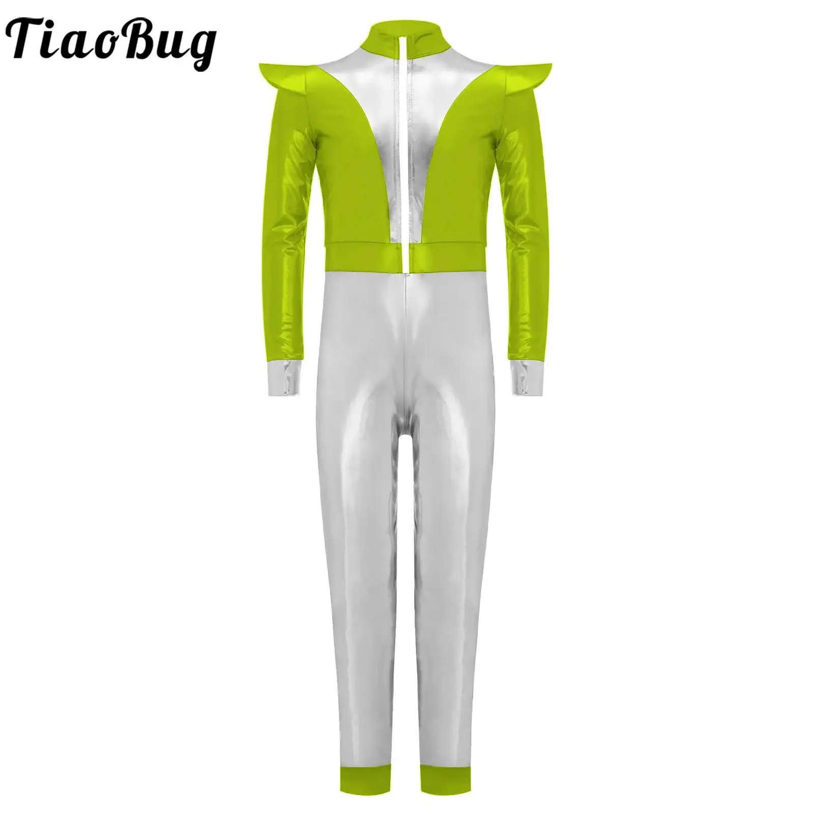 Children Space Astronaut Alien Robot Costume Halloween Party Galaxy Warrior Cosplay Dress Up Long Sleeve Shiny Metallic Jumpsuit