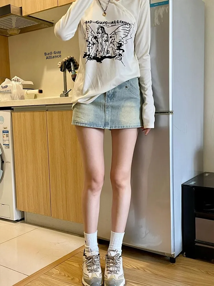 กระโปรงยีนส์ทรงเอไลน์สไตล์เรโทรสำหรับผู้หญิงไซส์ใหญ่ เอวสูง กระชับสัดส่วน แบบกระโปรงกางเกง เอวสูง สไตล์เกาหลี ติดกระดุมและซิป