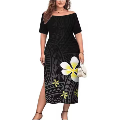 Island-Style Women'S Fitted Round-Neck Short-Sleeved Dress Polynesian Samoa Fiji Beach Party Plus-Size Evening Dress Custom-Made