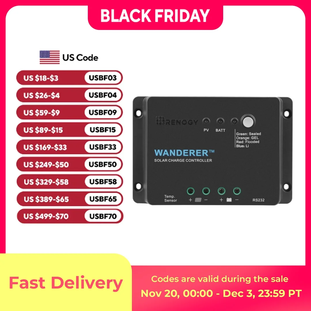 

Renogy Wanderer Li 30A 12V PWM Negative Ground Solar Charge Controller Solar Panel Regulator w/ Temp Sensor Function Fit for Lit