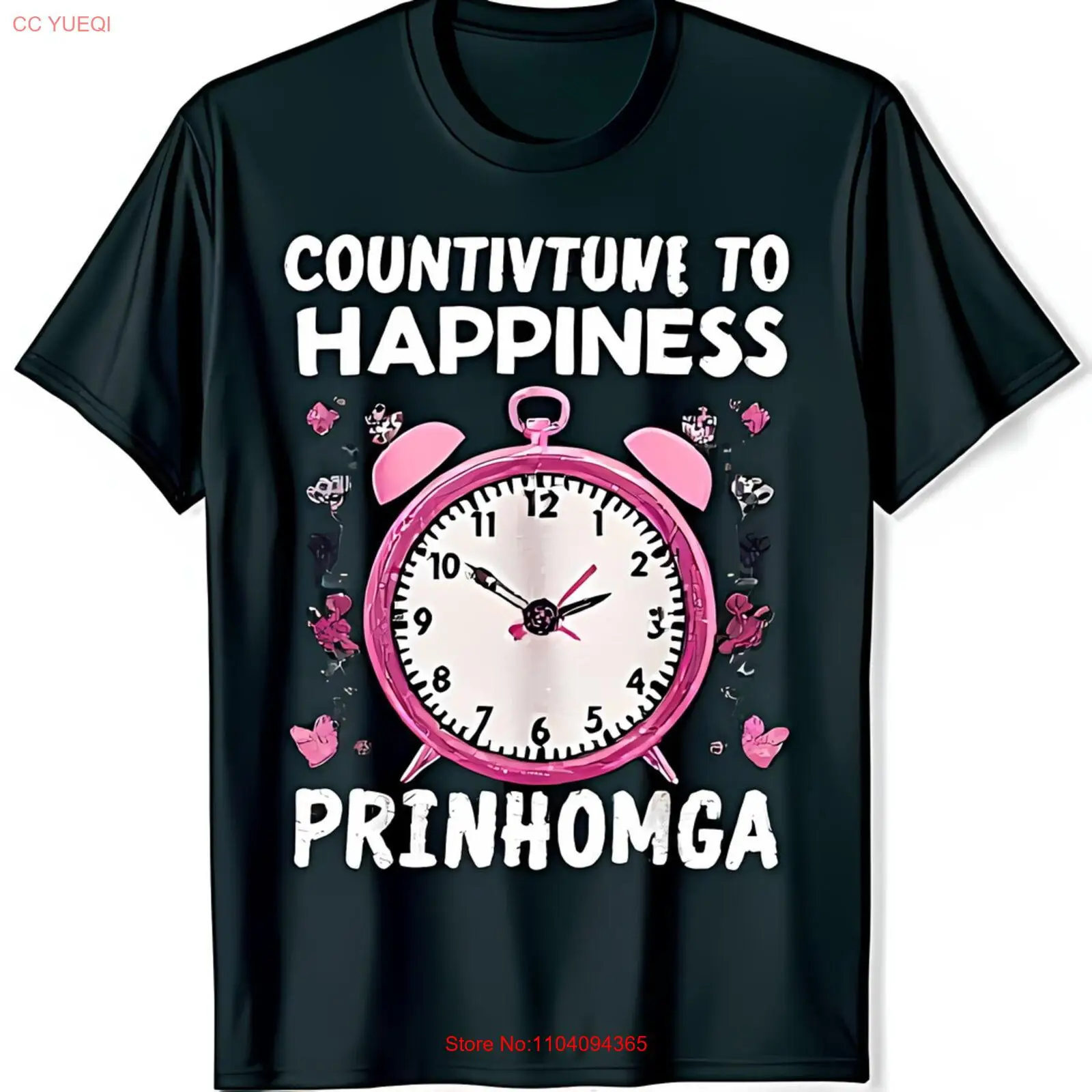 

Whimsical Black T-Shirt with Colorful Alarm Clock Graphic & Heart Design