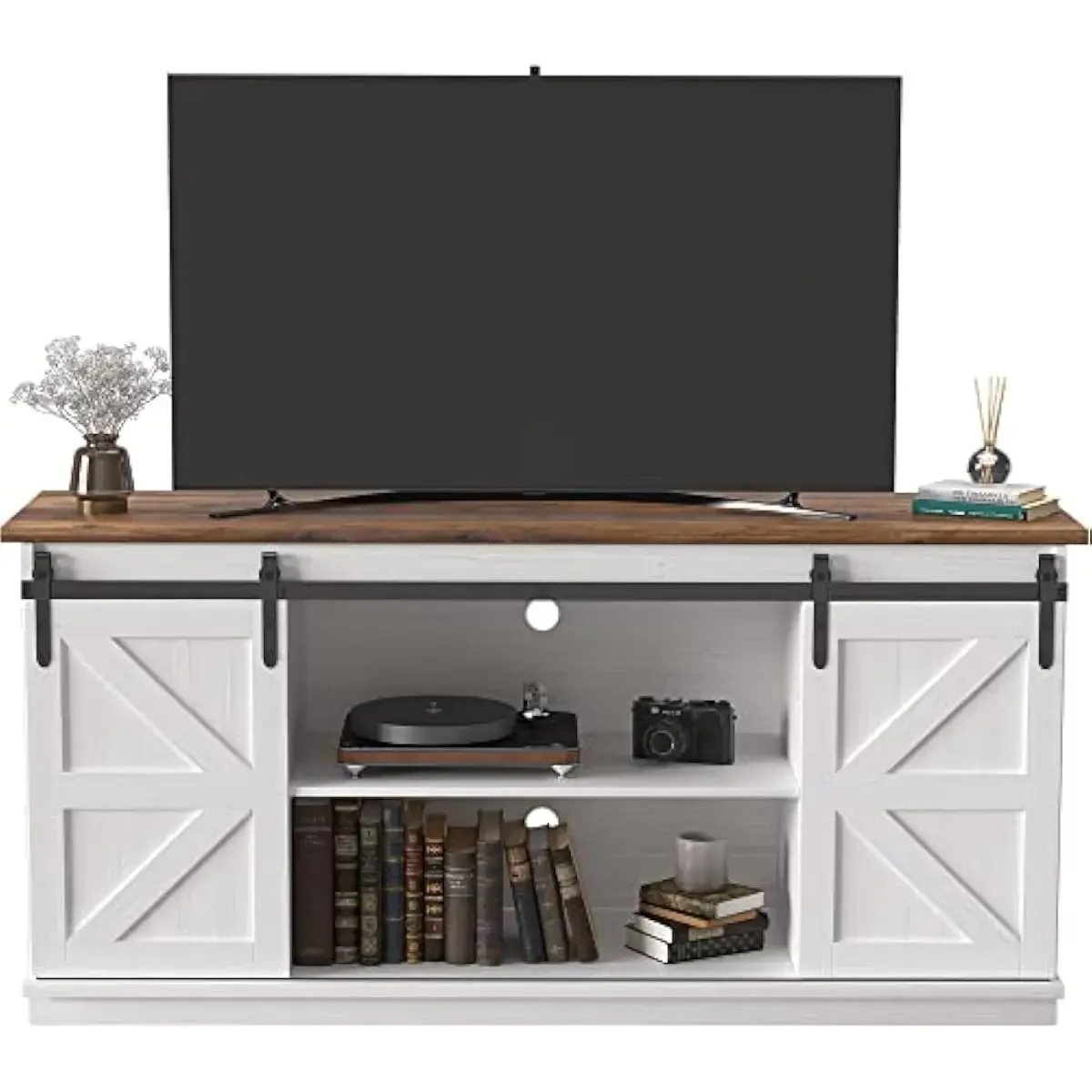 Farmhouse TV Console for 65 Inch Screens with Smooth Sliding Barn Doors Bright White Finish Durable Laminate Construction Two Co
