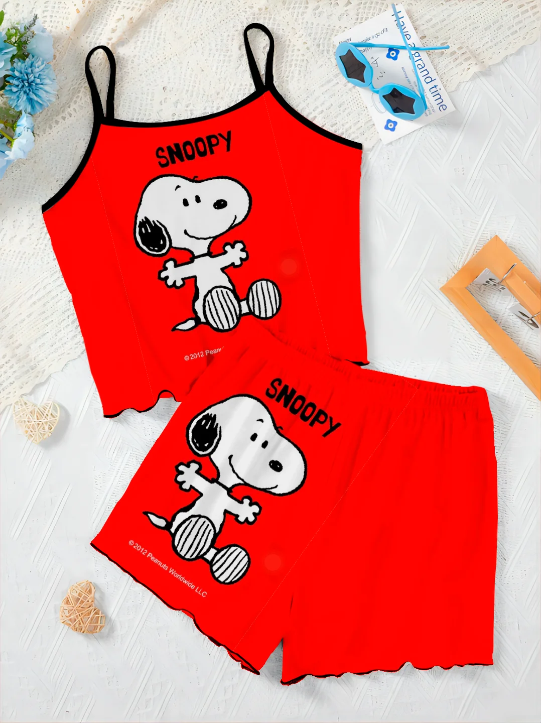 T-shirt Pajama Skirt Snoopy Pants Sets for Women 2 Pieces Lettuce Trim Top Slip Dress Short Elegant Women's Suit Set Woman Chic