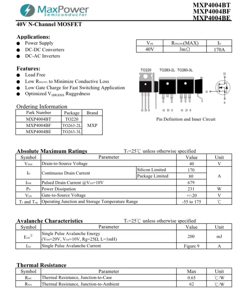 MXP4004BE MXP4004BF MXP4004BT MXP4004 TO263-3L 40V 170A