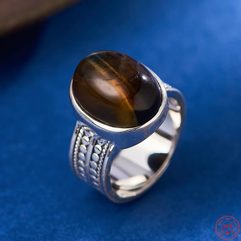 

Широкие кольца из стерлингового серебра 925 пробы для женщин и мужчин в стиле ретро с заклепками, инкрустированный тигровым глазом, кабошон, модные ювелирные изделия в стиле панк, оптовая продажа