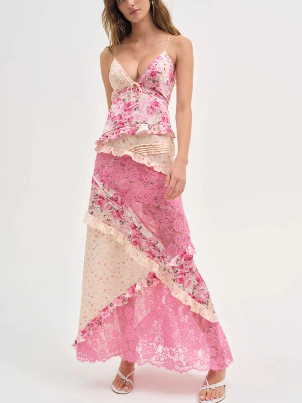 

Sexy Backless Sleeveless Suspender Dress Slim V-neck Hollow Lace Splicing Floral Long Dresses Fashion Summer Holiday Beach Dress