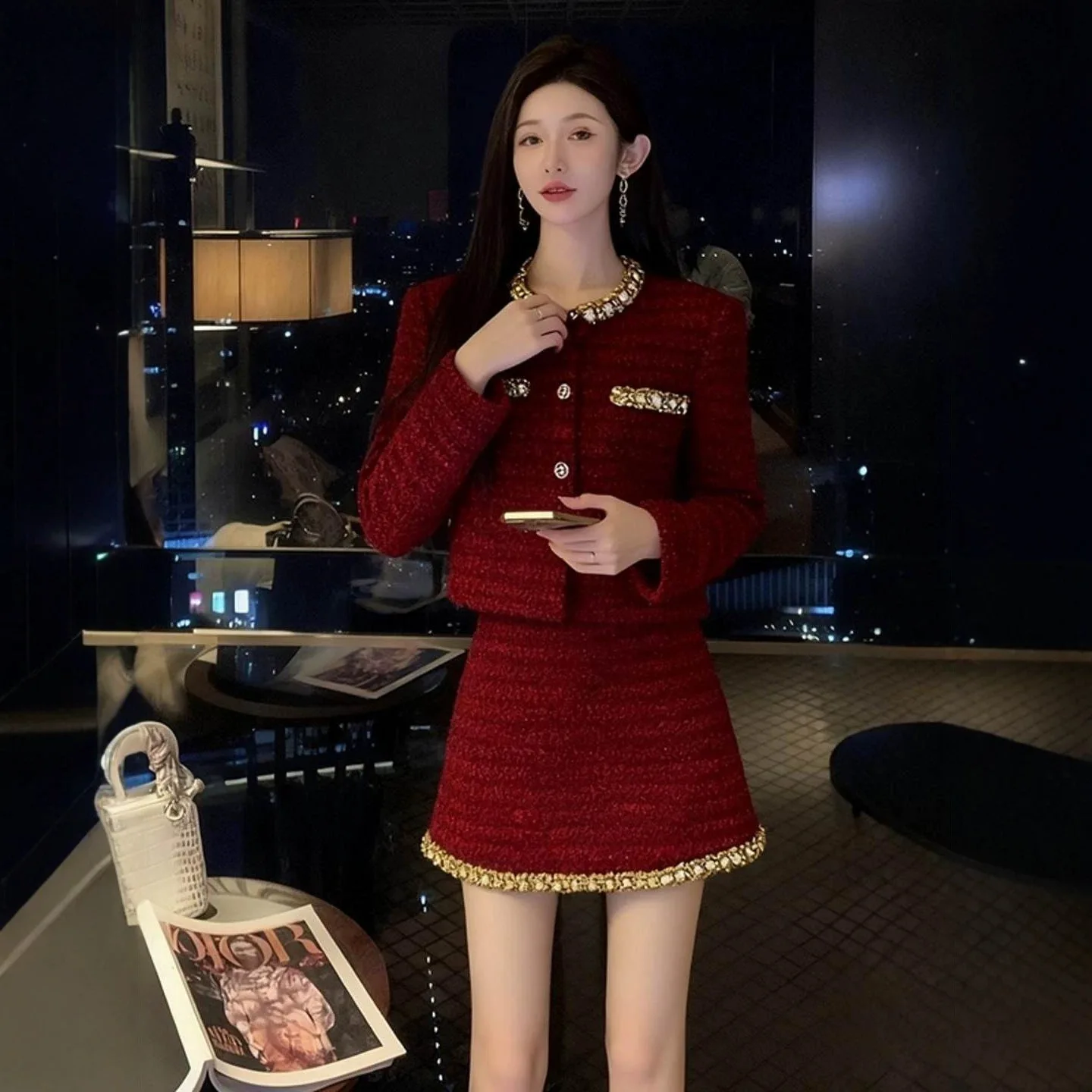 2026 High-end, exquisite, elegant lady, rich heiress, little princess red dress set for winter style
