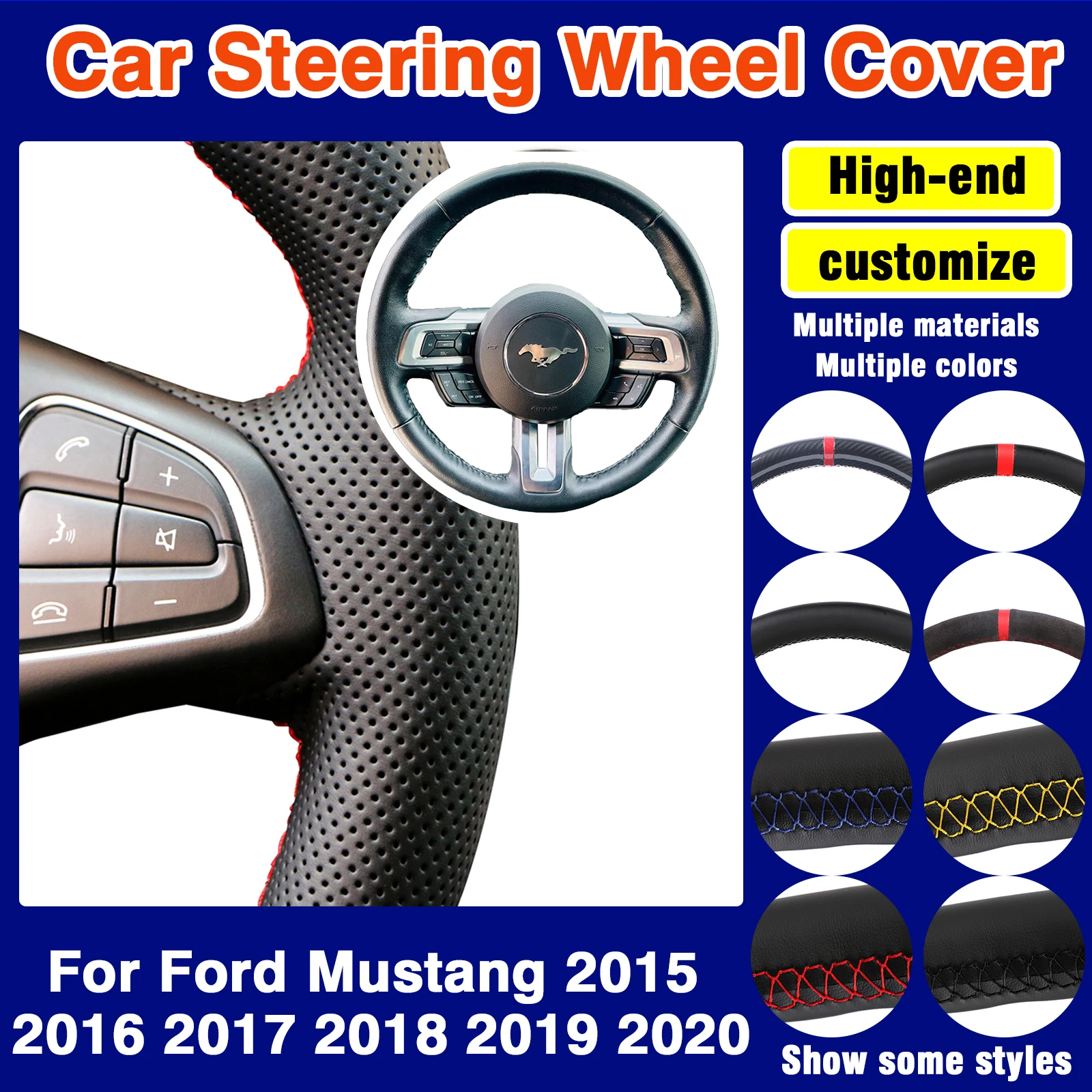 

Scratch-Resistant DIY Car Steering Wheel Cover Microfiber Leather For Ford Mustang 2015 2016 2017 2018 2019 2020 Non-slip Grip