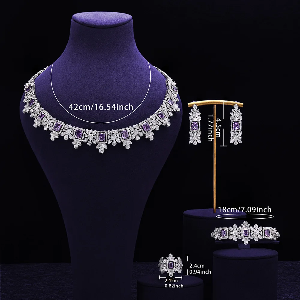 Women Bridal Wedding 4Pcs Jewelry Set Micro Inlaid Purple Zircon Luxury Evening Banquet Dress Ornaments Christmas Gifts