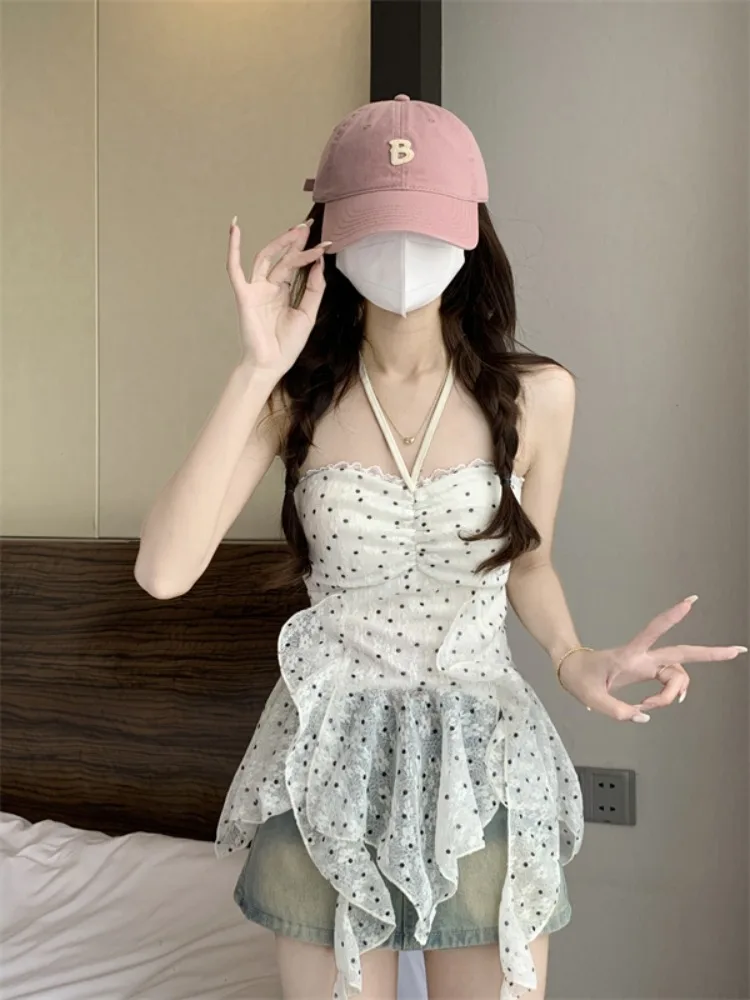 Summer Design Sense Ruffle Hem Irregular Strap Women's Lace Crop Top Neck Hanging Polka Dot Tube Top Spicy Girl Top