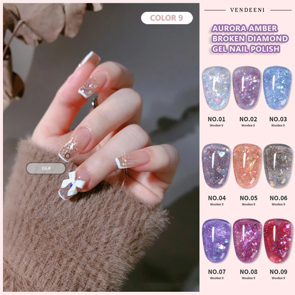 

Vendeeni 9 Colors Broken Diamond Amber Transparent Gel Nail Polish Aurora UV LED Soak Off Gel Varnish Glitter Clear Gel Lacquer