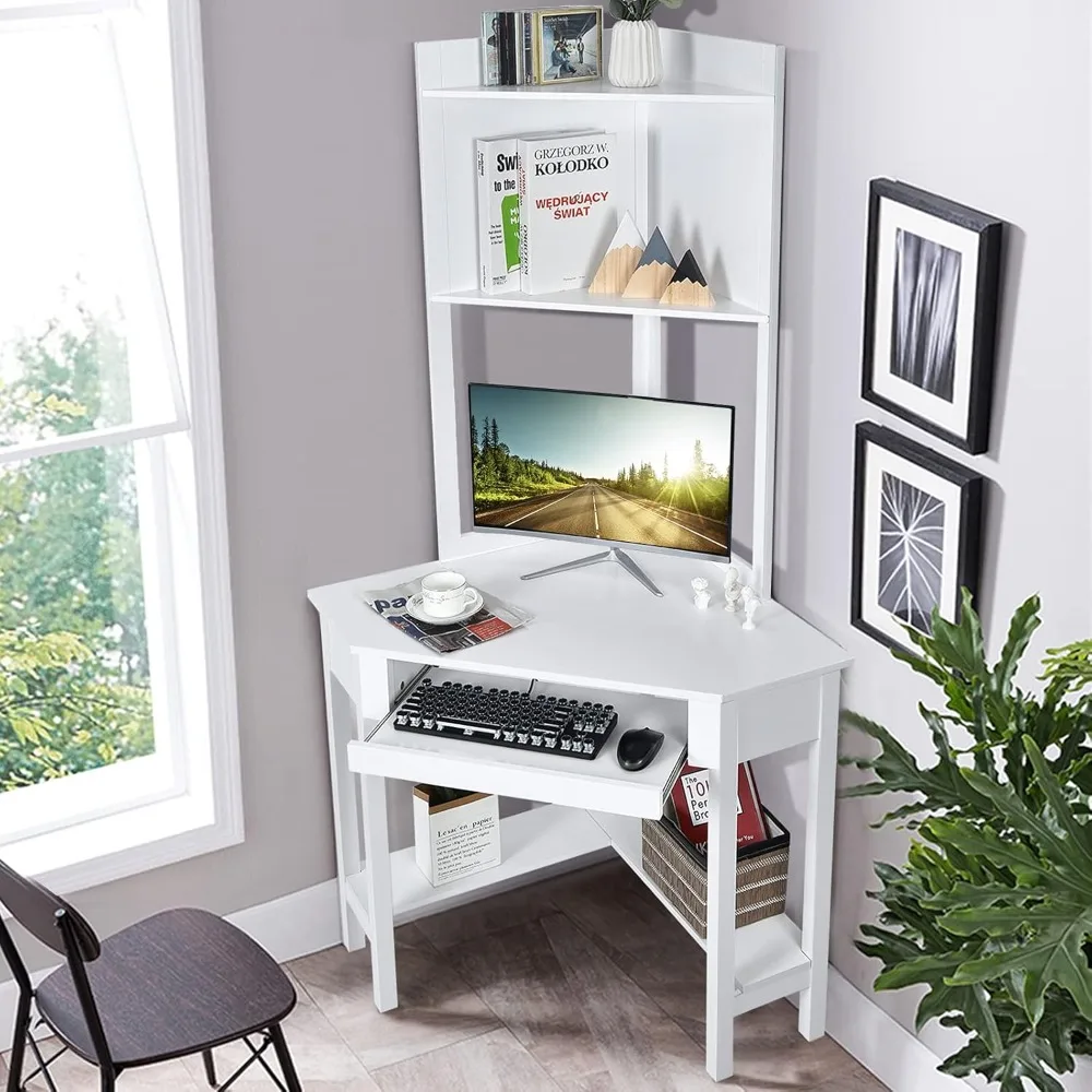 

White corner table with handles, 90 degree triangular computer desk with keyboard tray and bookshelf