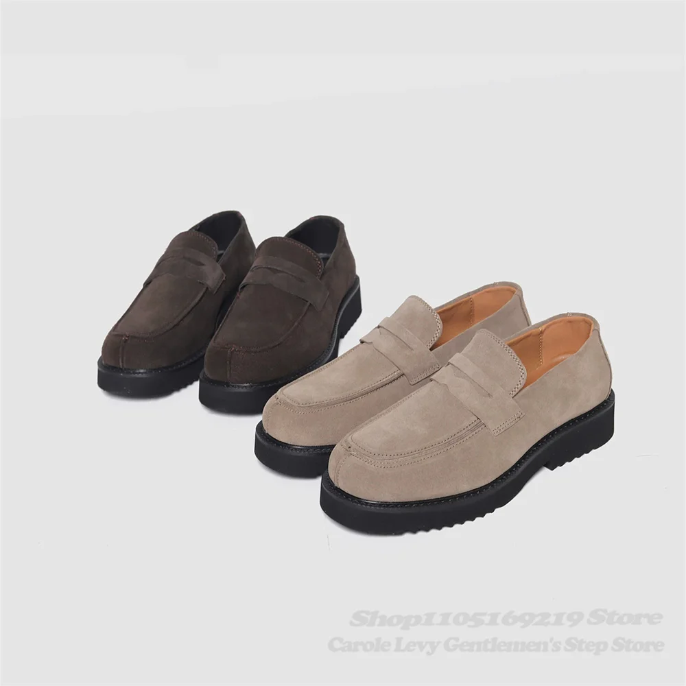 Men Square Toe Thick Heel Genuine Leather Retro Suede Leather Shoes Solid Color Increased Height Slip On Casual Loafers