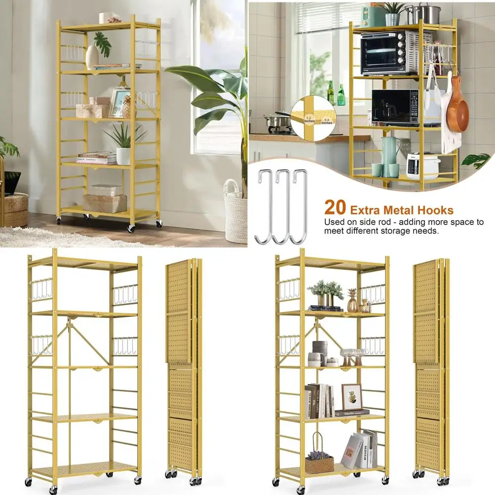 رف تخزين قابل للطي من 5 طبقات مع 20 خطافًا، وحدة بعجلات للمطبخ، والمرآب، والمكتب المنزلي، والدفيئة، باللون الذهبي