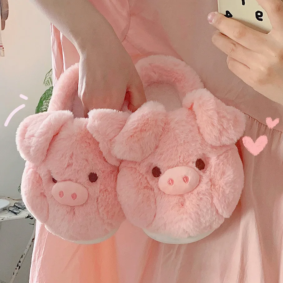 Winter new pig slipper woman fuzzy fleece piglet slides shoes women\'s pink bowknot piggy slipper indoor home shoes furry loafer