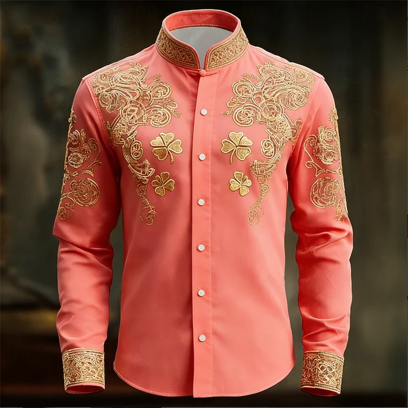 

4-leaf grass pattern men's long sleeved shirt, casual and comfortable, fashionable and trendy, street outdoor, soft fabric