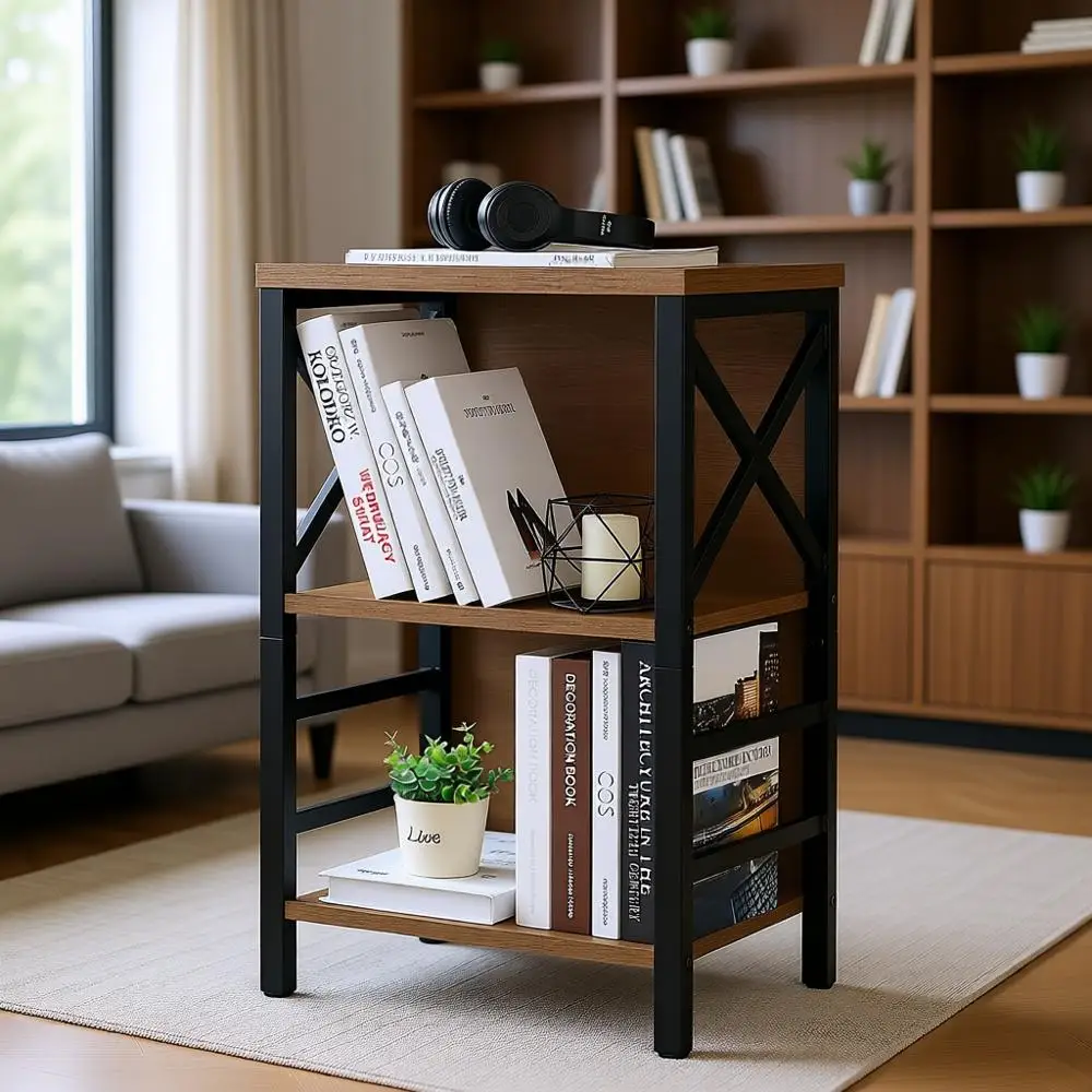 

3-х уровневая металлическая книжная полка рустикально-коричневого цвета для компактных помещений: идеально подходит для гостиных, спален и домашних офисов.