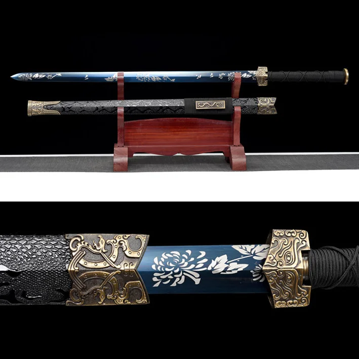 107cm Chinese Hanjian Tower LAN four-sided Hanjian exquisite foil medieval real steel sword fighting training weapon katana