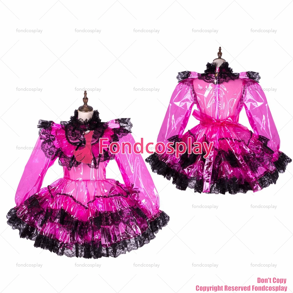 fondcosplay adult sexy cross dressing sissy maid short hot pink Clear PVC lockable dress TPU Uniform CD/TV[G1764]