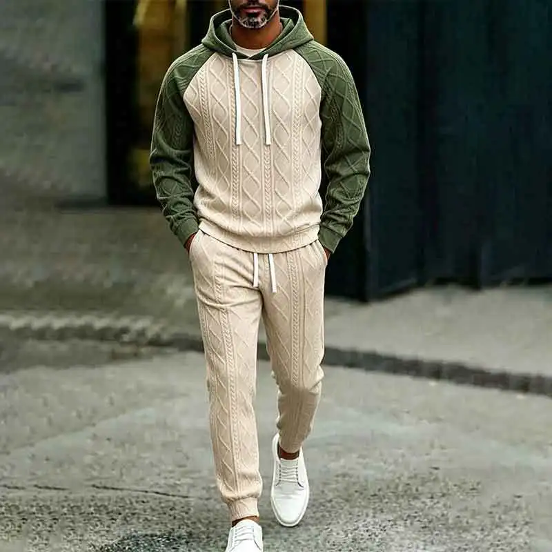 Outdoor Casual Mens Long Sleeve Tracksuits Fashion Patchwork Contrast Color Texture Two Piece Sets Men Sports Fitness Outfits