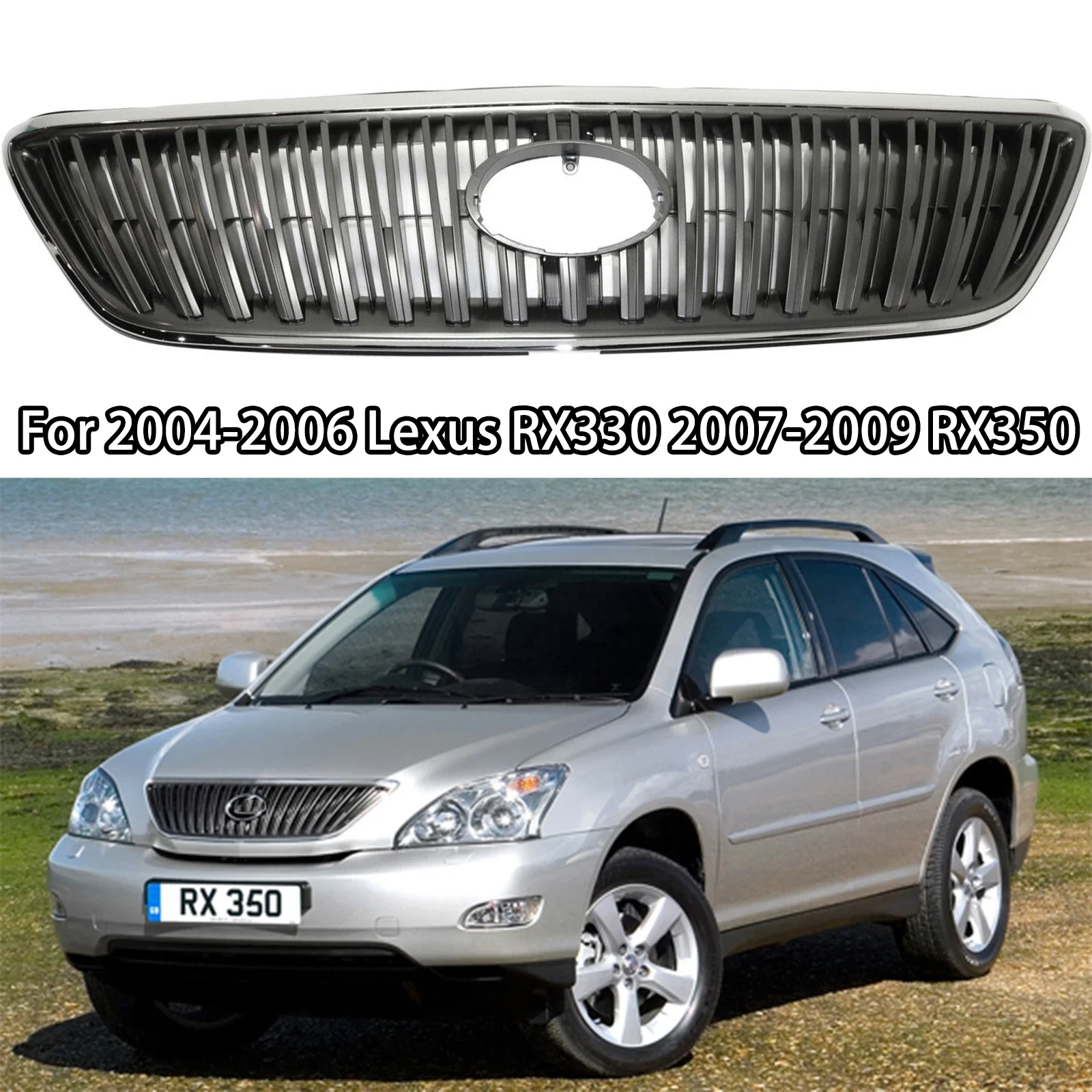 

Front Bumper Grille with Gray Insert For 2004-2006 Lexus RX330 2007-2009 RX350 Shell Grill Chrome