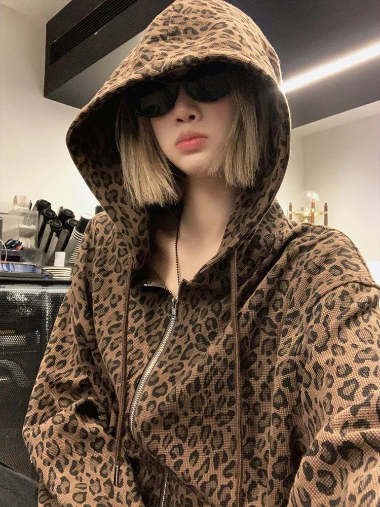 

Y2k леопардовые толстовки женские топы весна осень винтажные свободные толстовки с капюшоном модные Sudaderas Mujer на молнии
