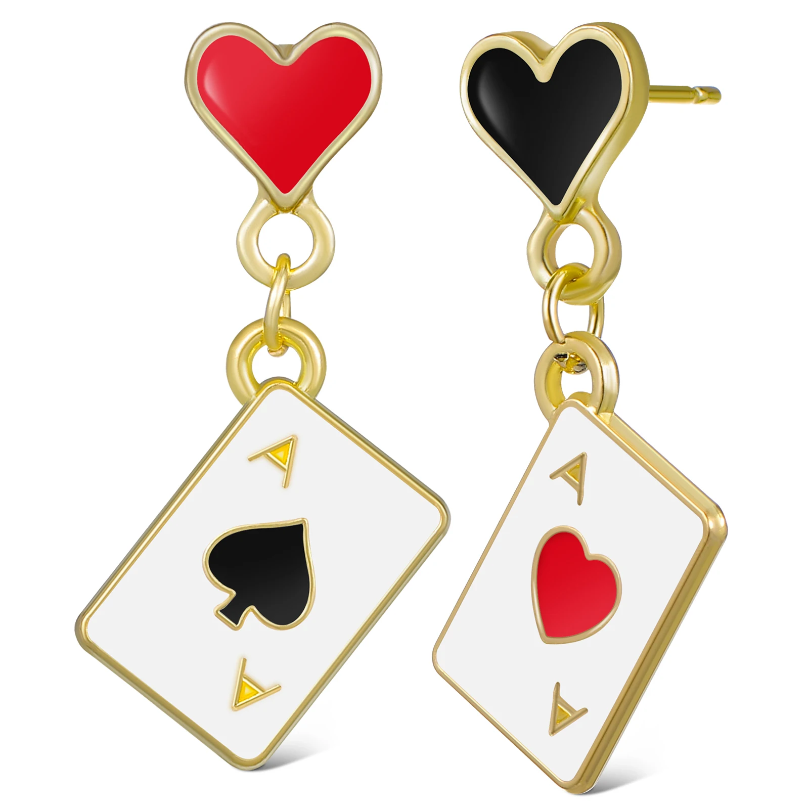 

3D Heart Playing Card Dangle Earrings Asymmetric Design Lightweight Alloy Stud Jewelry For Unique Drop Accessories