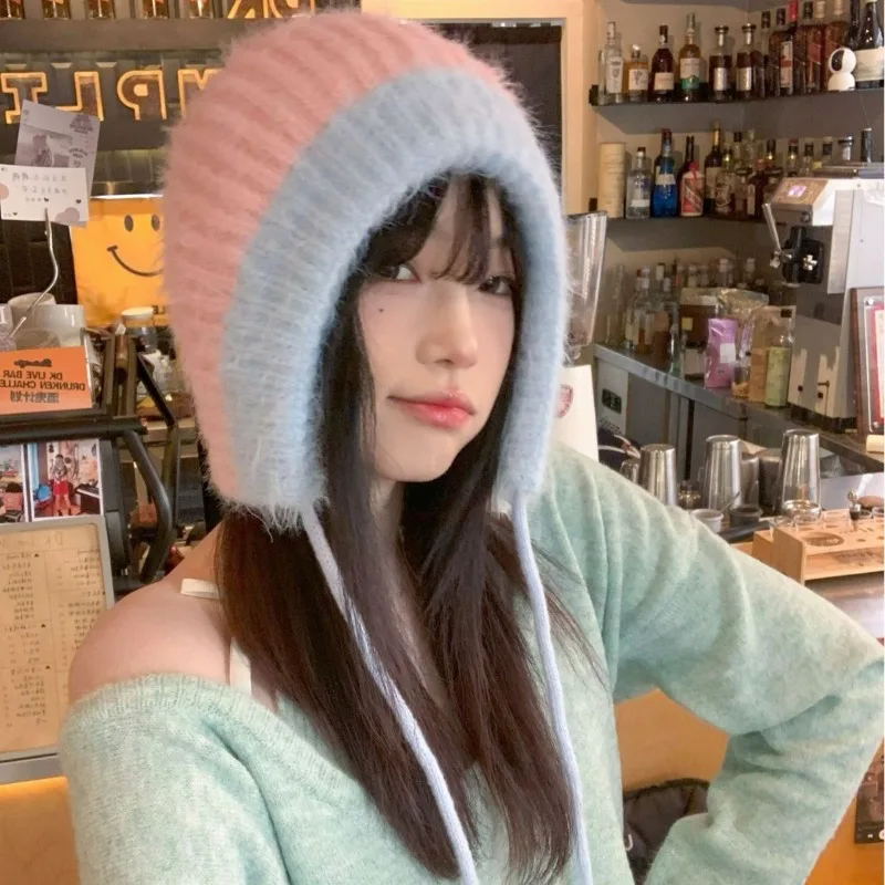 

Korean Sweet Color Matching Pullover Knitted Hat for Women's Autumn and Winter Outdoor Warm Lace-up Ear Protectors Bomber Hats