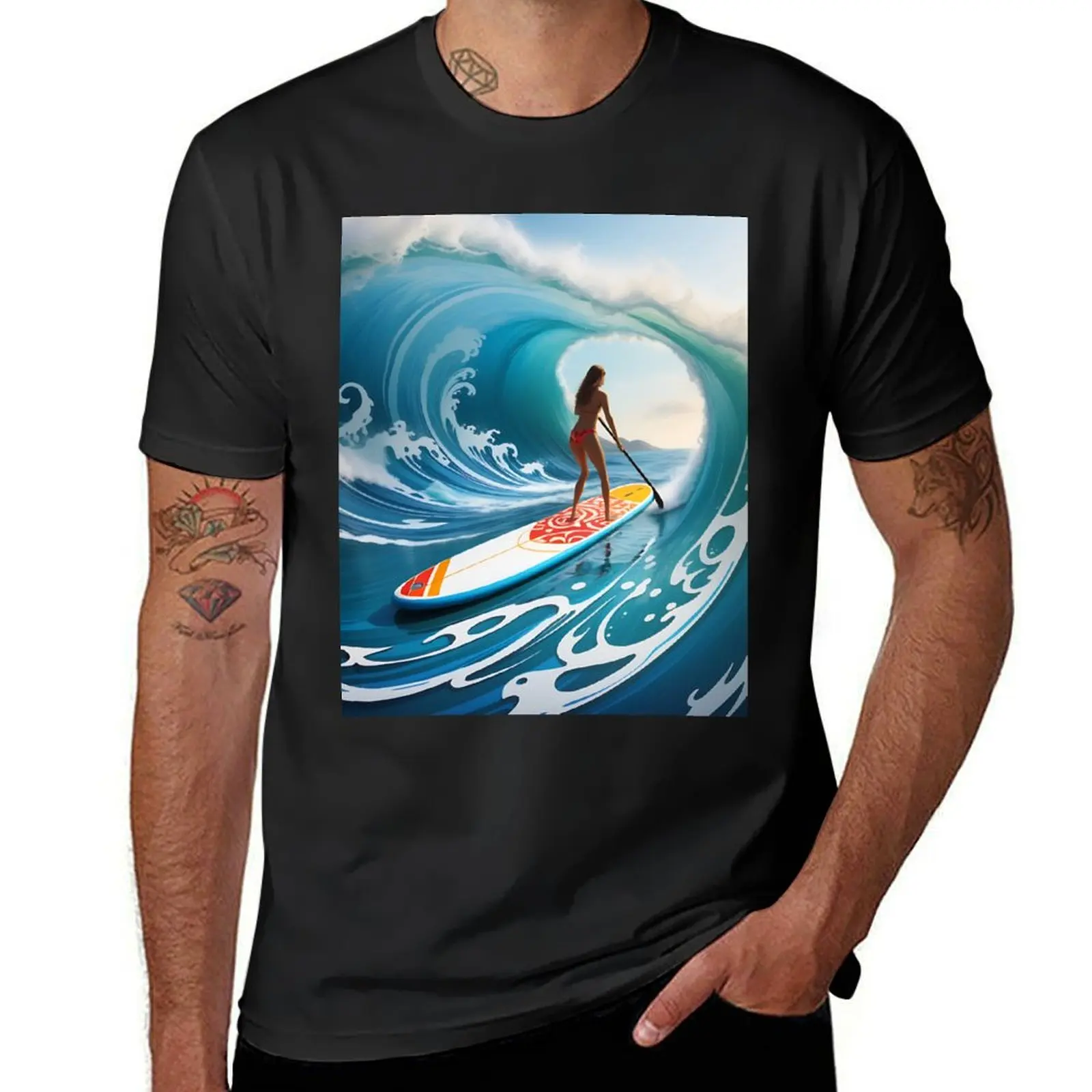 

Artistic composition with patterns of waves and ocean currents around a paddle board T-Shirt vintage clothes T-shirt men