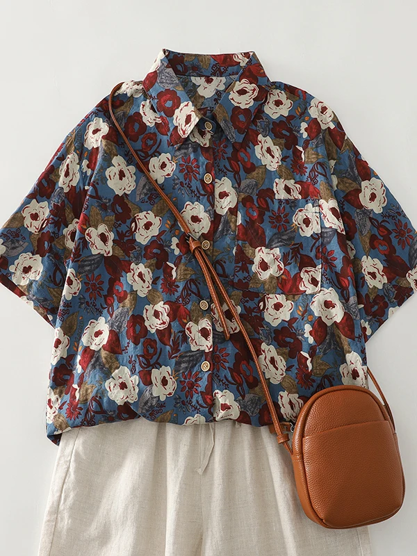 Hong kong sle floral irt feminino verão novo design solto casual retro impressão topo na moda ort sve colarinho tecido fino