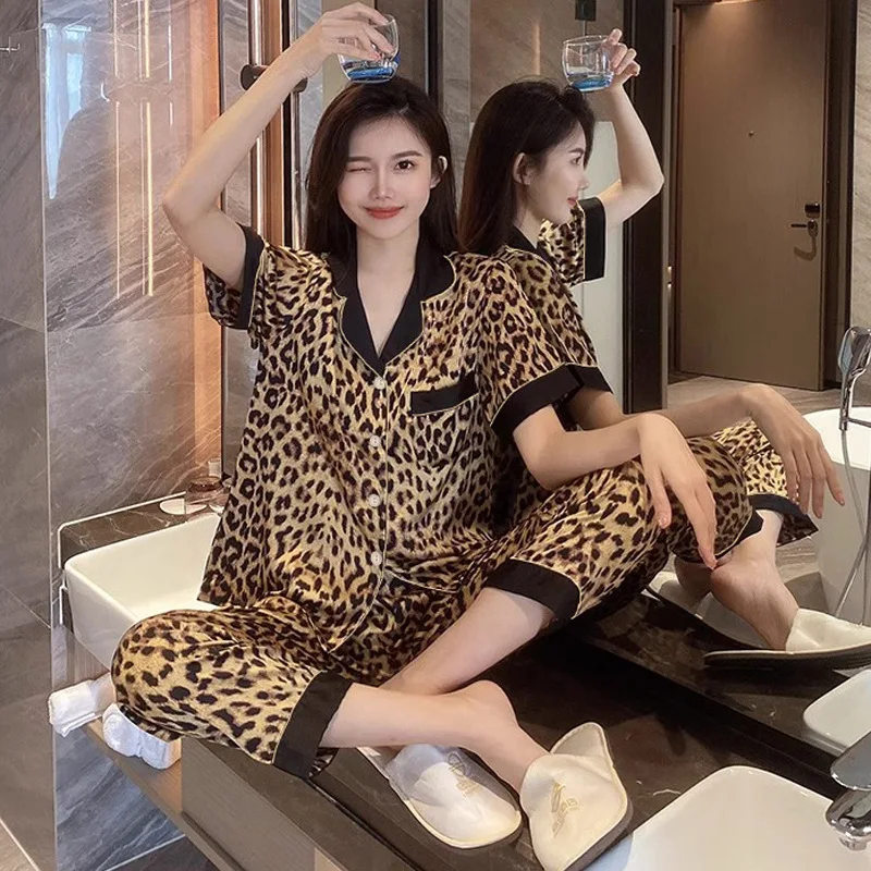 Ms. Senior Light Luxury Wind Ice Silk Pajamas Homewear Suit New Female Summer Leopard Short-Sleeved Long Pants Homewear