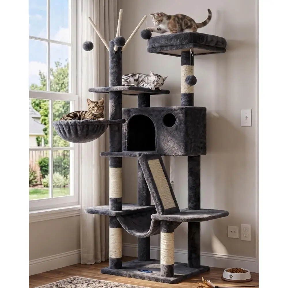 

53-Inch Indoor Cat Tree with Padded Bed, Toy Balls, Cozy Condo, Hammocks, and Scratching Posts, Smoky Gray