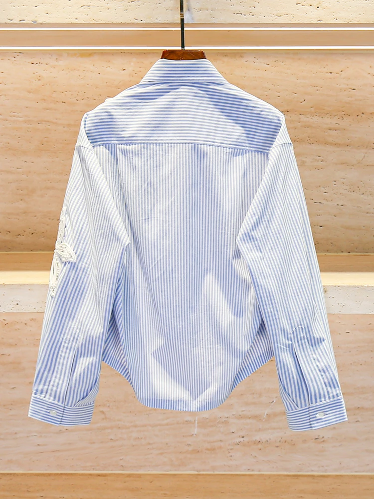 S Home Nan You High End Women's Shirt Stripe Design Beaded Top French Style Loose Fit Cotton Polyester Long Sleeve Short Length