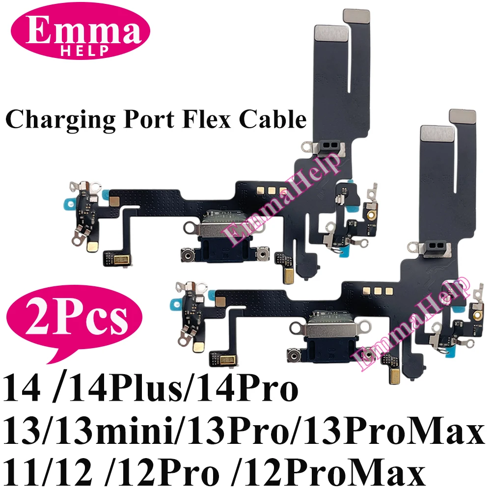 2pcs Charging Port Flex Cable for iPhone 11 12 13 Pro Max Mini 14 Plus XR XS USB Charger Dock Connector with Microphone Repair