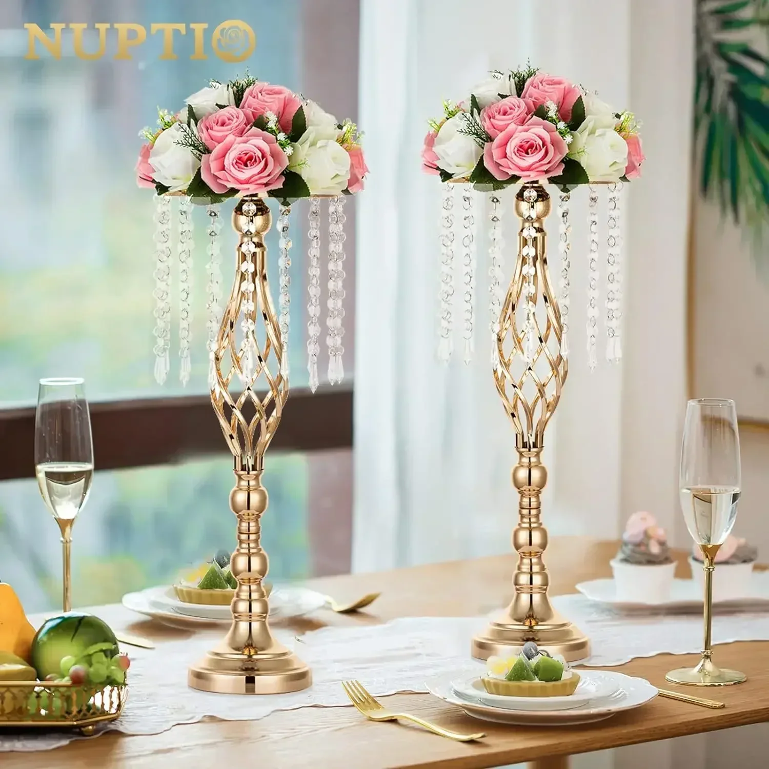 Nuptio 10 Pcs Crystal Flower Stand Wedding Centerpieces for Tables, 21.7in/55cm Tall Elegant Metal Flower Arrangement