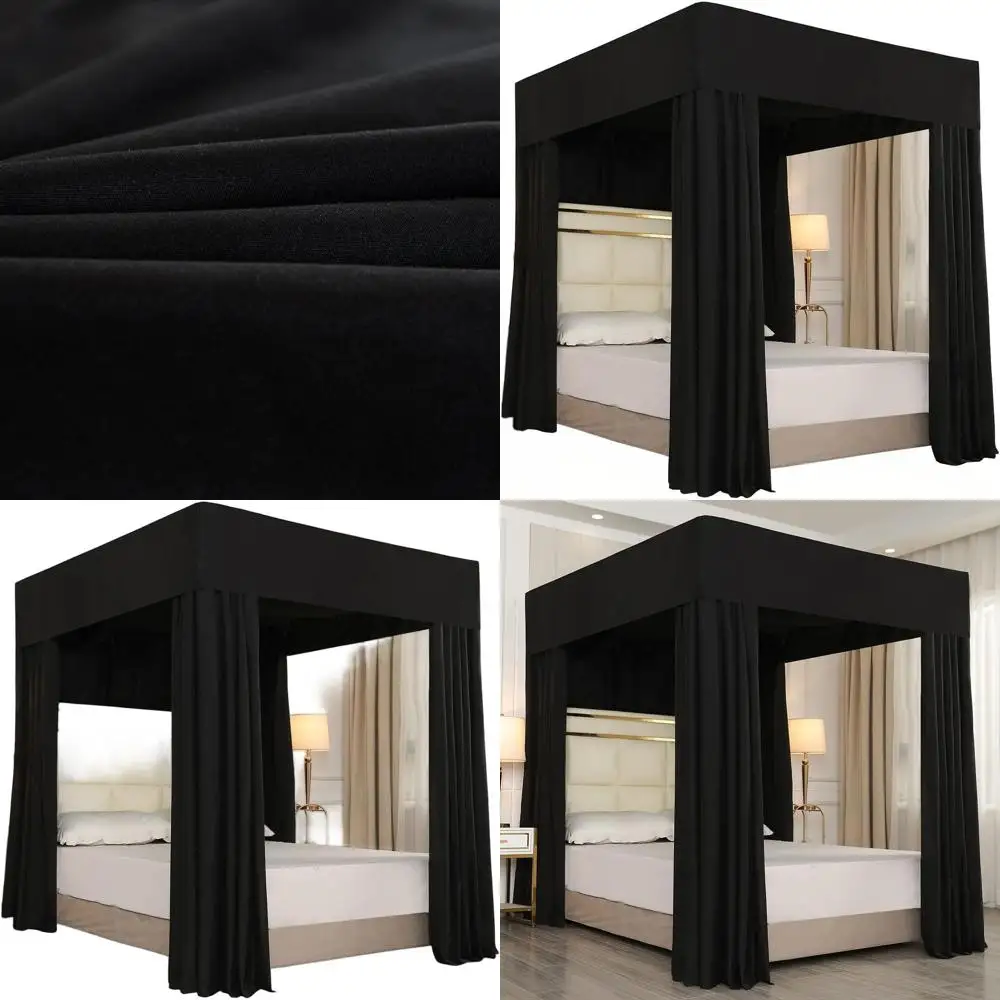 King Size Black Sheer Canopy Curtains for Four Post Beds - Lightproof Bedroom Decor, Poles Not Included